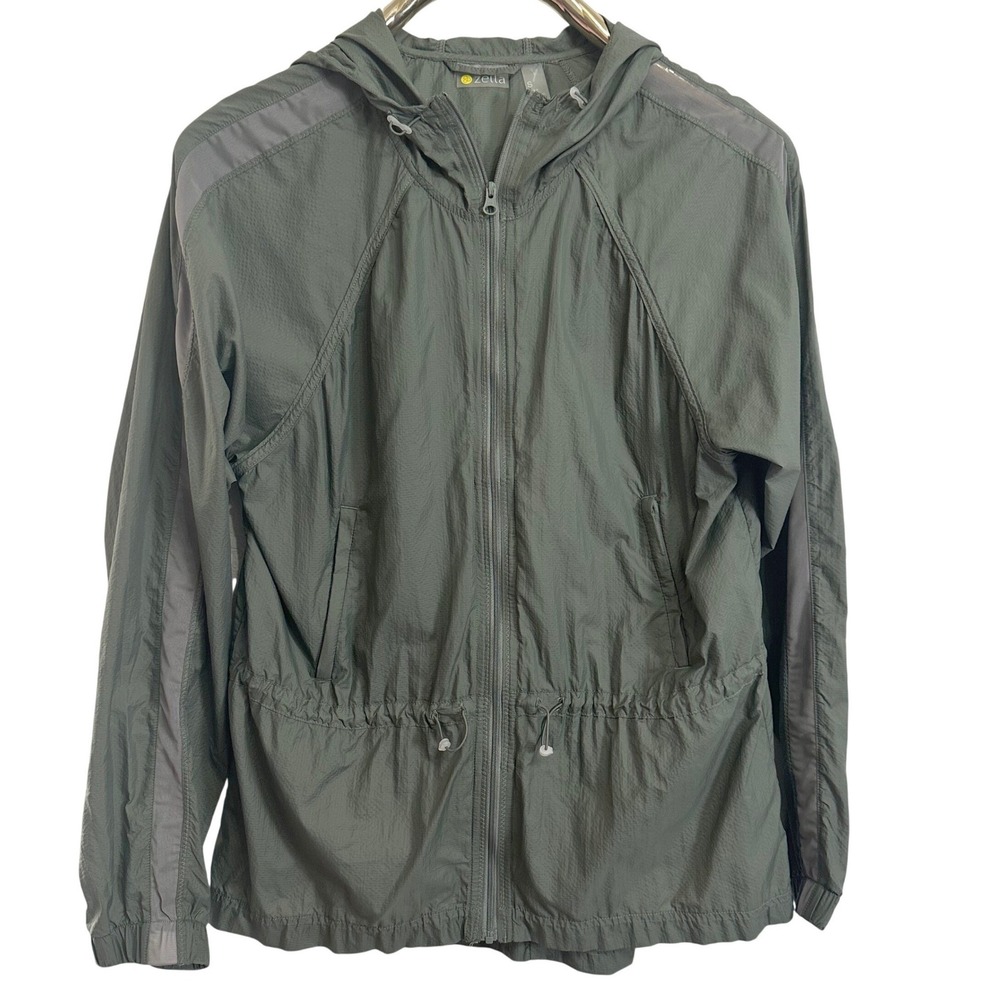 Zella Windbreaker Jacket Women Small Olive Green Hooded Drawstring‎ Waist Mesh